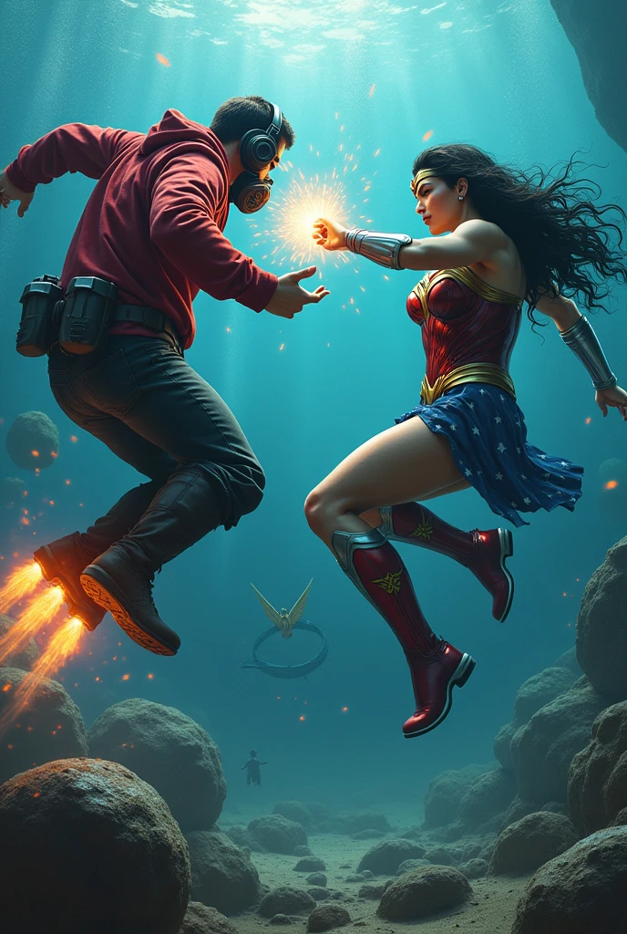 Star-Lord with red hoodie, Rocket boots, headphones, star-lord helmet, gas helmet, Covered mouth, Round & red eyes + Wonder woman, big breasts, perfect body, Busty, ocean floor, realistic, power, Kick, Attack, magic rings in the hands, Fighting, power, fiction, full body, 2 persons, magic lasso, hight, fall, fire in boots, powerful spells, realistic, mask, float, war, kill, dead