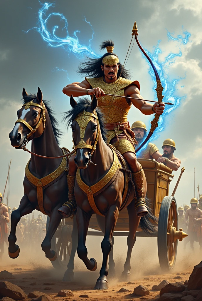 A male indian archer with a golden armour on two horses driven charoit in a battlefield and his bow covered in blue flames and lighting. 