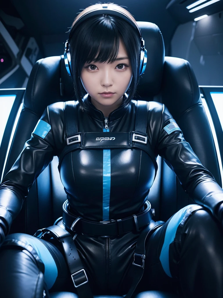 Japanese female android,Black Hair,Space capsule,The person is completely secured in the seat with the backrest reclined by a thick harness belt.,Plump,Wide-legged squats,Blue and black shiny robot suit,Surrounded by switches and monitors,