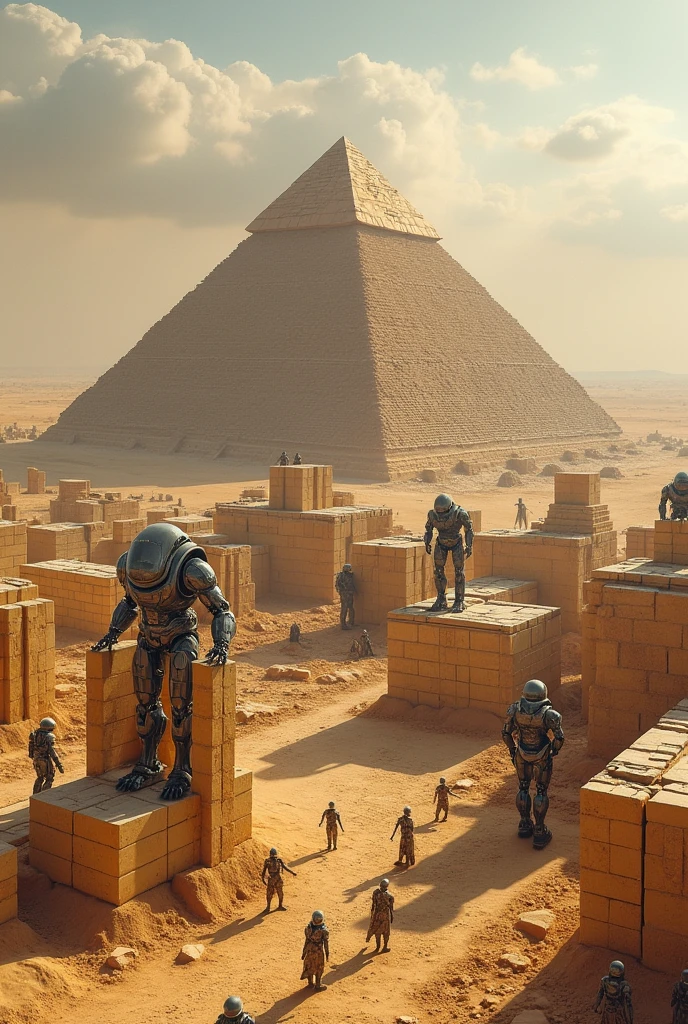 Pyramid of giza being constructed by robots as labourers