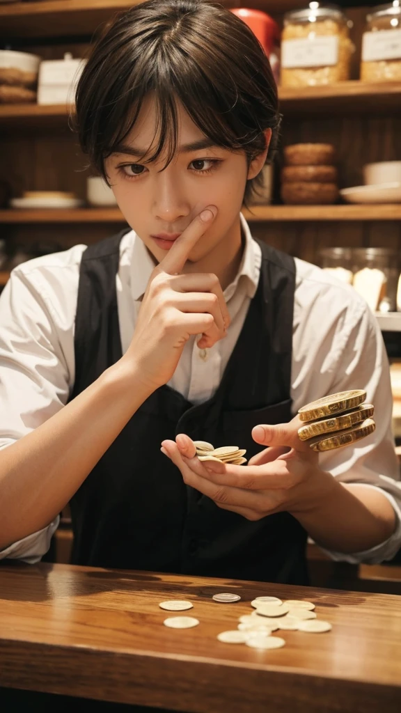 Show me A guy that is anxiously counting the coins in his hand. In A coffee shop