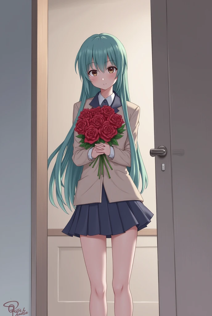 Miku Nakano , standing in front of a door with a bouquet of roses