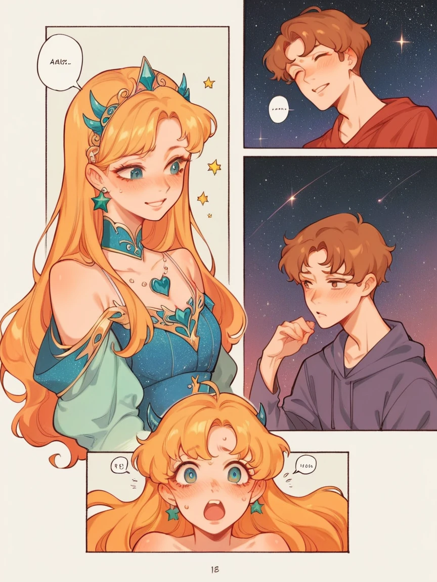 score_9, score_8_up, score_7_up, score_6_up, p4n3ls, 1girl, 1boy, stars, long hair, panels, (8k, best quality, master piece: 1.2),super high resolution,A page of a soft pastel colored comic book divided into frames、A princess falls in love with a demon、speech bubble、Powerful girl manga style