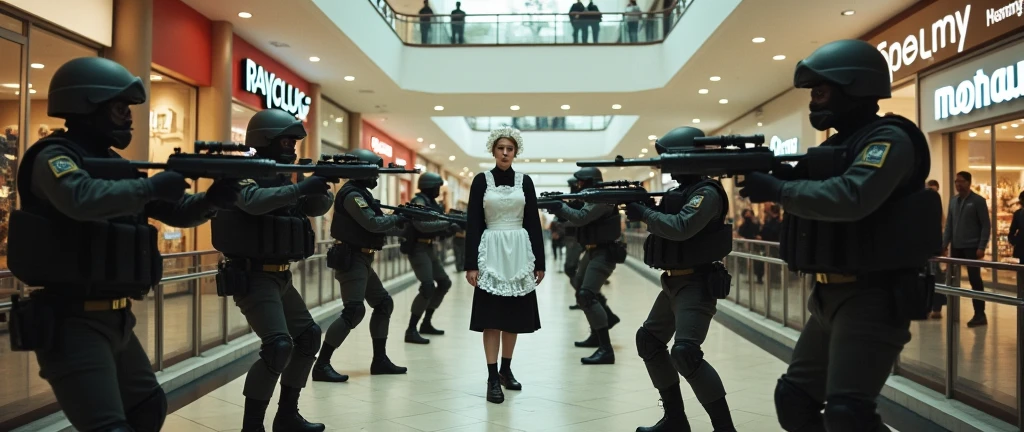 1 man dressed as a maid being pointed at by soldiers with war weapons in a shopping center all this from a second floor perspective