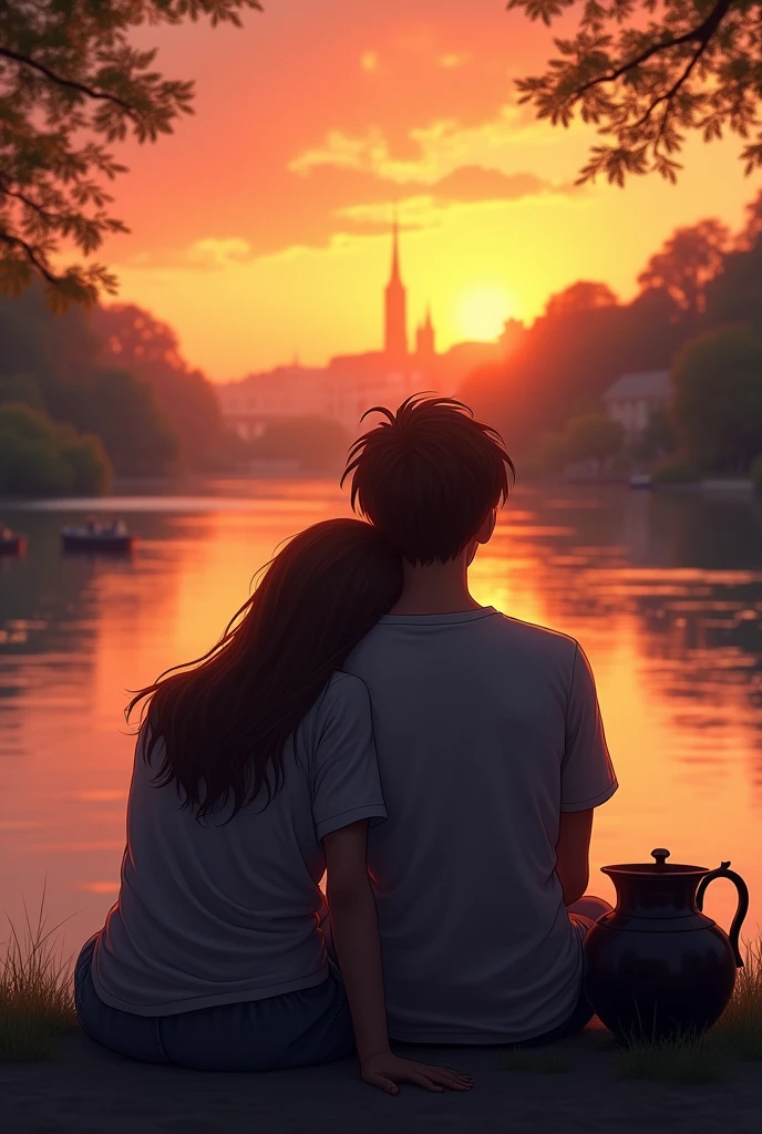 A cupel is sitting by the river with the girl resting her head on the boy's shoulder,The two of them sat on the banks of the river and watched the sun set in the city,The picture was taken behind them