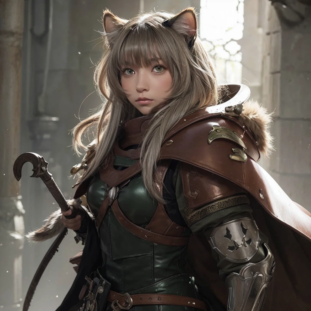 An anthropomorphic tabby white and brown she-cat with short grey hair, green-swamp eyes and armor
