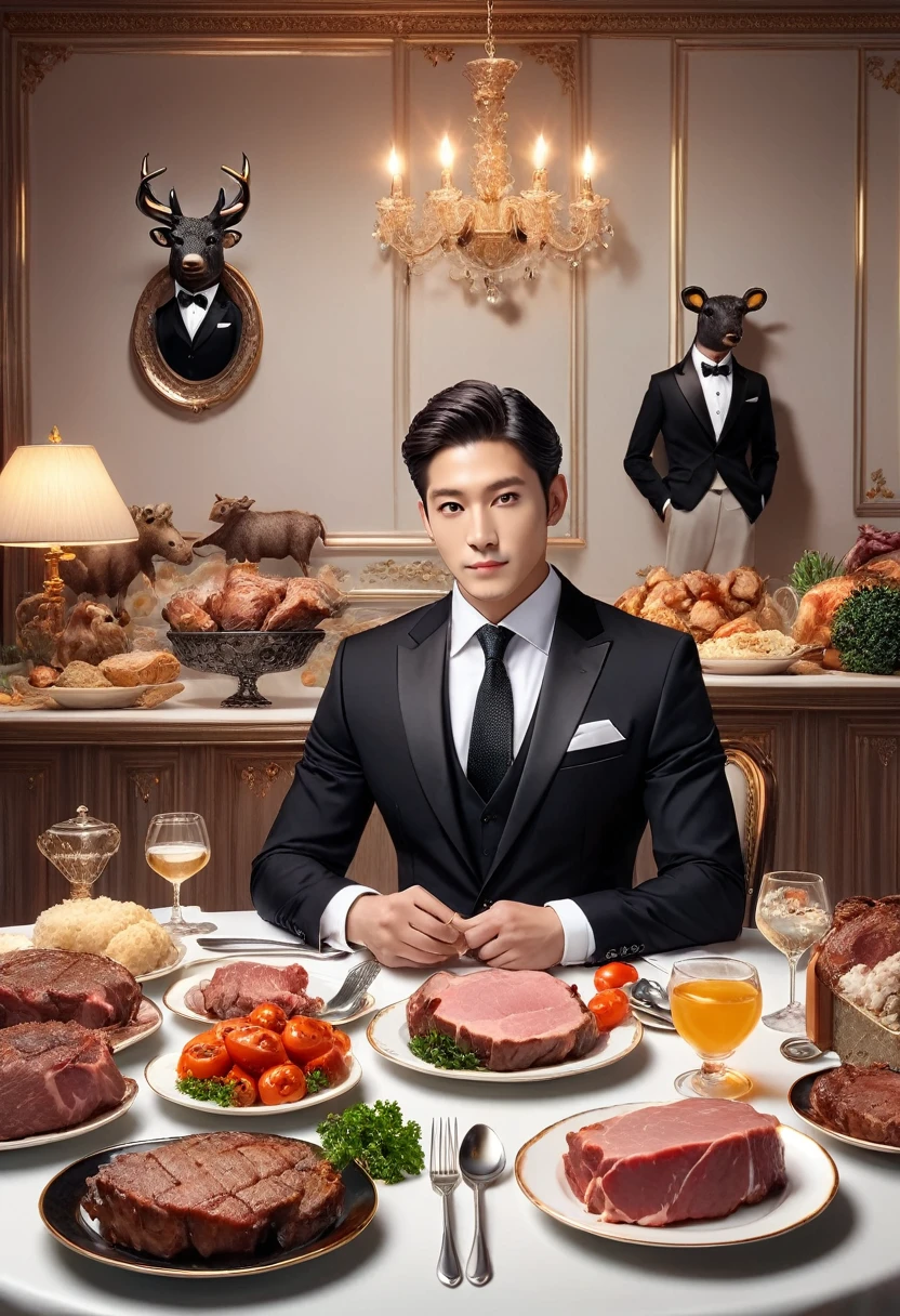 1man, handsome, black formal suit, Sits at the table, plate with meat, background Stuffed animals on the wall,