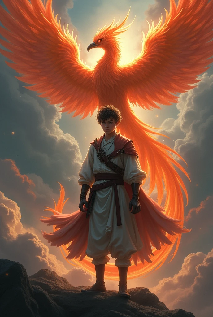 Image of a 20 year old boy guided by a Mythical creatures The Phoenix, make it look more intimidating, both boy and the Phoenix