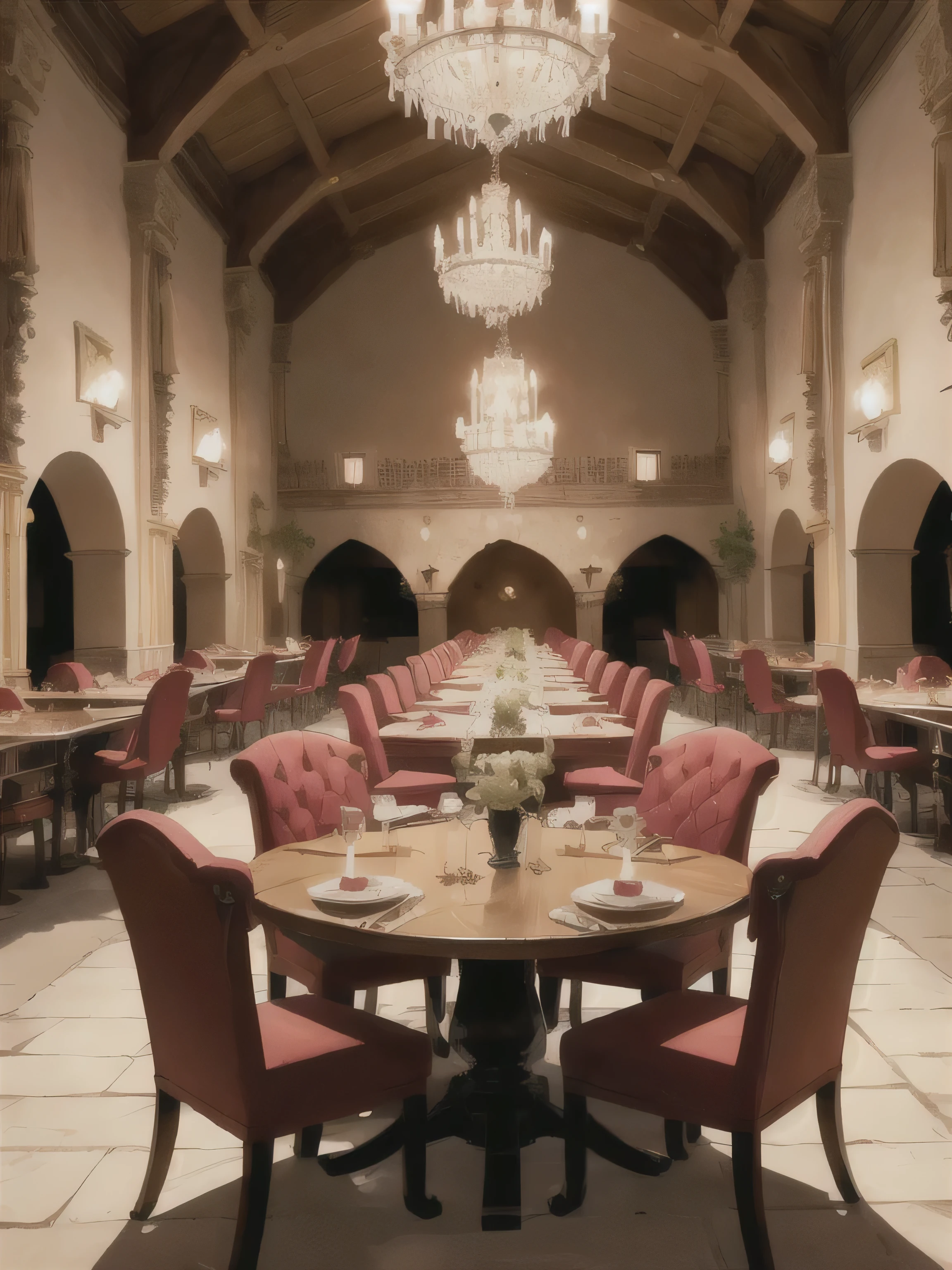 castle dining hall with a lot of food, big halls, and extravagant chairs and table