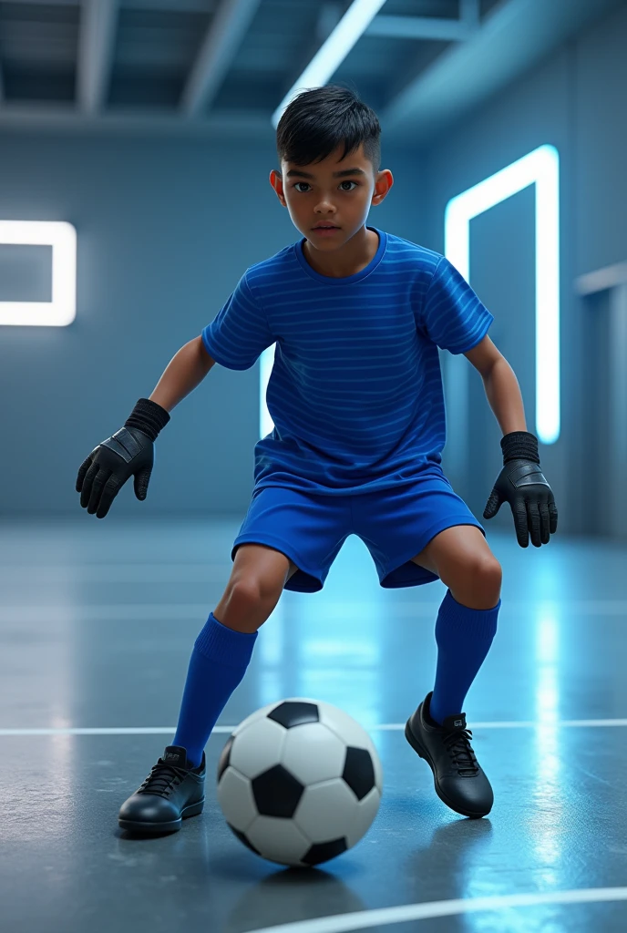 A skinny ager, brown skin, with black hair and bowl cut. He looks like an indigenous boy. He is wearing a royal blue shirt, with wide horizontal blue stripes also blue. Your shorts are blue, His socks are blue and he wears black futsal boots. He has black goalkeeper gloves. He is on a futsal court with white neon lights. The court floor is gray