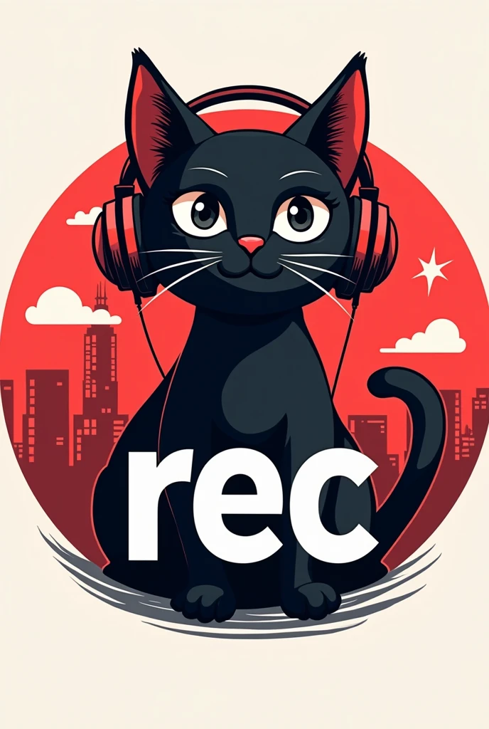 Design a logo featuring a sleek, modern cat wearing headphones, with a playful yet confident expression. The cat should embody the essence of communication and connectivity, reflecting a youthful, dynamic spirit. The predominant colors should be red and black, giving the logo a bold and striking appearance. The word 'REC' should be included prominently in the design. The entire logo should be presented in a circular format, incorporating elements related to social communication, such as a microphone, chat bubbles, or a camera, to enhance the theme of connectivity and media