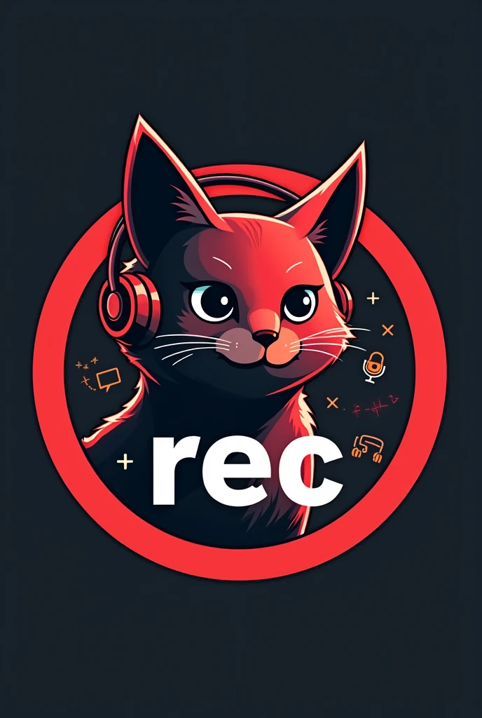Design a logo featuring a sleek, modern cat wearing headphones, with a playful yet confident expression. The cat should embody the essence of communication and connectivity, reflecting a youthful, dynamic spirit. The predominant colors should be red and black, giving the logo a bold and striking appearance. The word 'REC' should be included prominently in the design. The entire logo should be presented in a circular format, incorporating elements related to social communication, such as a microphone, chat bubbles, or a camera, to enhance the theme of connectivity and media