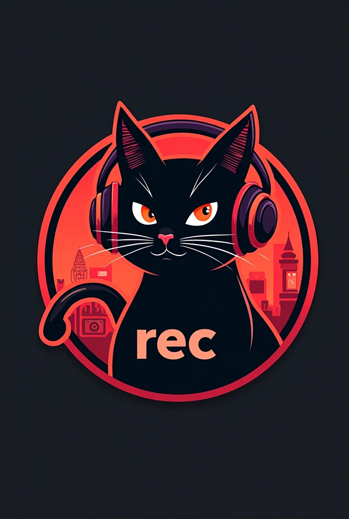 Design a logo featuring a sleek, modern cat wearing headphones, with a playful yet confident expression. The cat should embody the essence of communication and connectivity, reflecting a youthful, dynamic spirit. The predominant colors should be red and black, giving the logo a bold and striking appearance. The word 'REC' should be included prominently in the design. The entire logo should be presented in a circular format, incorporating elements related to social communication, such as a microphone, chat bubbles, or a camera, to enhance the theme of connectivity and media