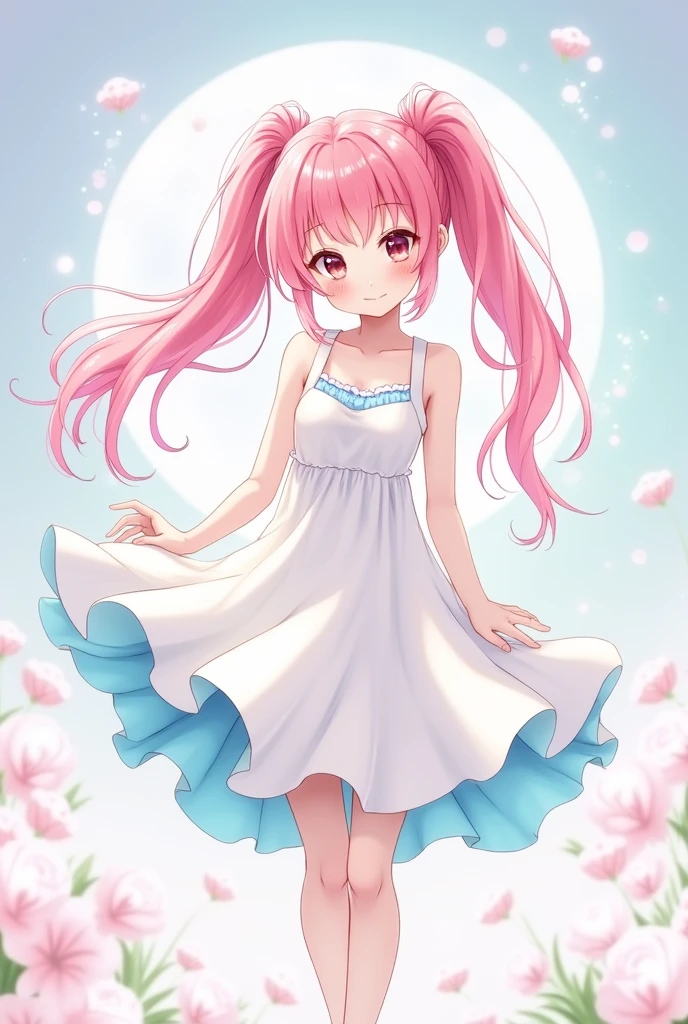 Twin tails、girl、For pink hair「Light blue inner color」、White Dress