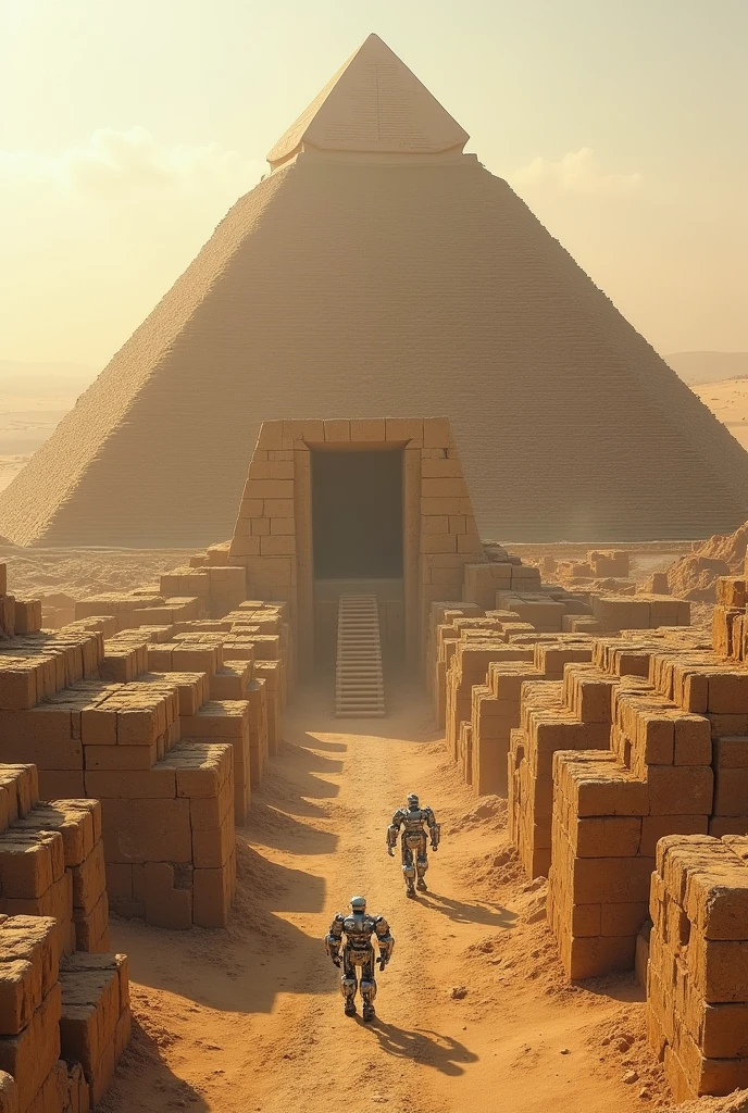 Pyramid of giza being constructed by robots as labourers