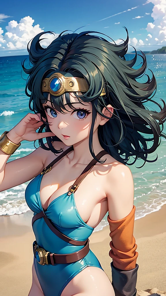 (((SFW、sound、Highest quality、Top notch work、Normal body、、Detailed face、Ultra-precision、Normal hand、Normal refer、5refer、Highest)))、beautiful girl、Black Hair、yamato nadeshiko、Small breasts、Shortcuts、Blue leotard、Shoulder Off、Red Cape、Circlet、Dragon Quest、Playing in the water at the beach