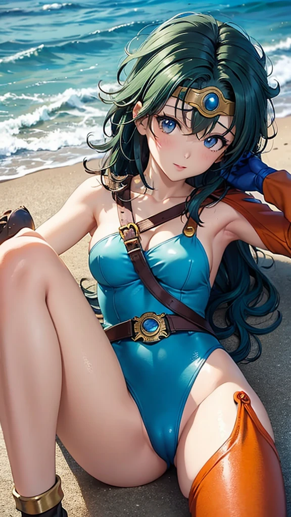 (((SFW、sound、Highest quality、Top notch work、Normal body、、Detailed face、Ultra-precision、Normal hand、Normal refer、5refer、Highest)))、beautiful girl、Black Hair、yamato nadeshiko、Small breasts、Shortcuts、Blue leotard、Shoulder Off、Red Cape、Circlet、Dragon Quest、Playing in the water at the beach