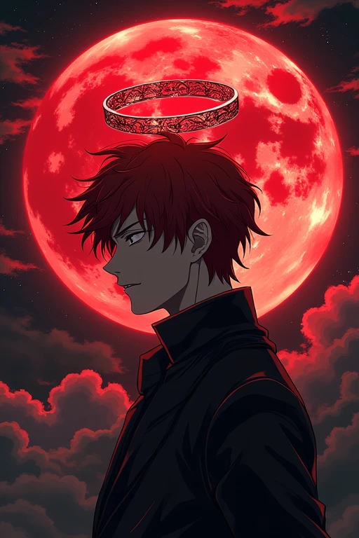 Anime tanjiro handsome and baground blood moon and. Head red engel ring
