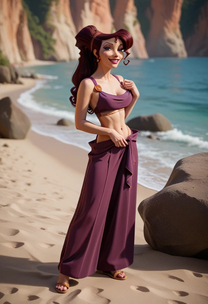 NSFW, Megara, full body, sexy, flirting, beside a (furry white bull) on a deserted rocky beach