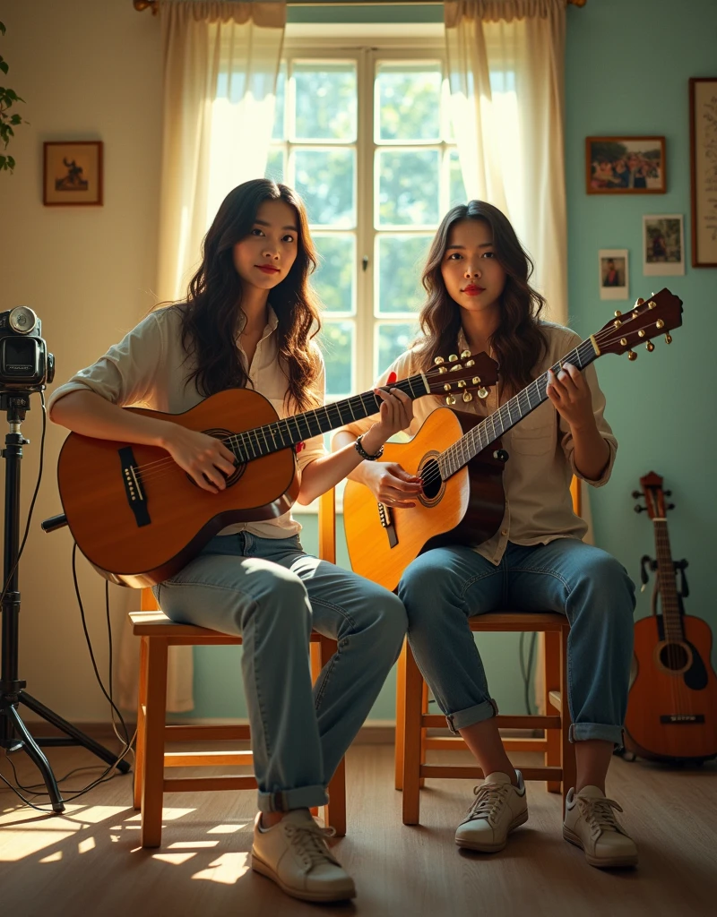 Portrait of a 2 Thai woman and man playing music, looking at the camera, long hair, in a retro studio with pastel-colored walls, a vintage live camera, warm sunlight, analog film photographs, Kodachrome camera.