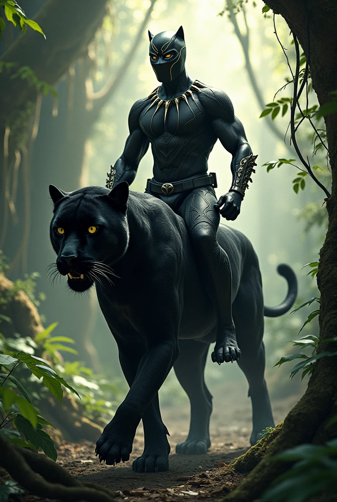 Black panther super hero riding a black panther in the jungle