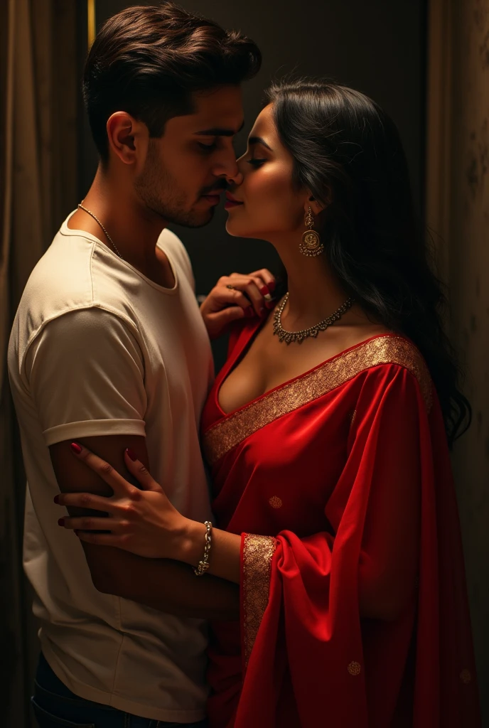 Malayali hot couples kissing girl in red davani with big boobs boy in t shirt, more realistic
