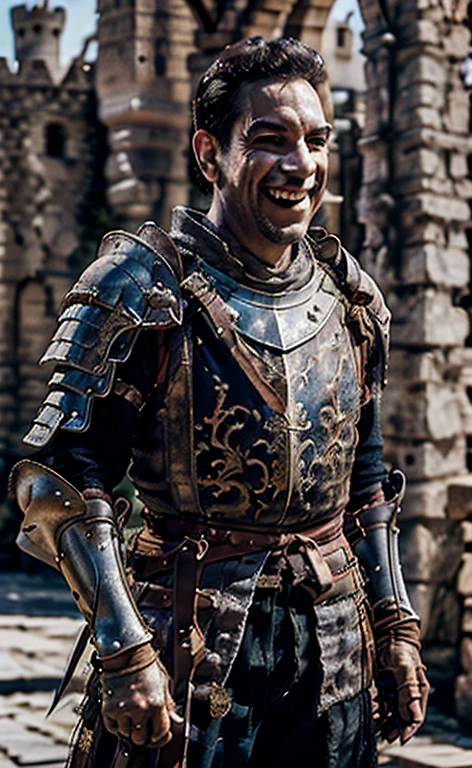 (Best Quality:1.3), Filming movies, masterpiece, (sharp focus:1.5), (natural:1.3), medium portrait (cantinflas outside a castle, smile, proud and fierce, Wearing medieval armor, without helmet., Give the scene a bright atmosphere), day, (highly refined leather), (detailed face), detailed background, daylight, volumetric lighting, intricate details, ultra high definition, 