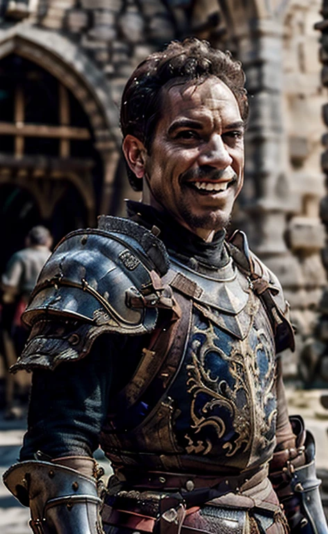 (Best Quality:1.3), Filming movies, masterpiece, (sharp focus:1.5), (natural:1.3), medium portrait (cantinflas outside a castle, smile, proud and fierce, Wearing medieval armor, without helmet., Give the scene a bright atmosphere), day, (highly refined leather), (detailed face), detailed background, daylight, volumetric lighting, intricate details, ultra high definition, 