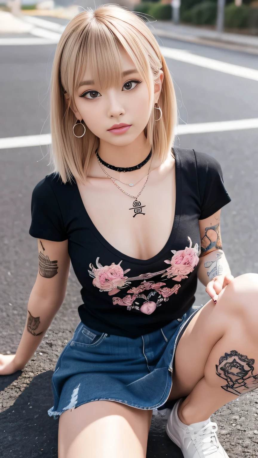Cute top clothes、Gal clothes( Highest quality, 8k, masterpiece, RAW Photos: 1.3),mysterious, Beautiful Japanese Women, Young Japanese women,Trained and toned body、 (Highlight Color Hair,pink、blonde、5 ear piercings、necklace、Roman alphabet tattoo on arm、 Straight long hair, Layered Haircut), Earrings, Many thin bracelets, whole body, Squat on the ground in a crab-legged position, Super detailed, Intricate details, Highly detailed face and skin tones, (body whole body tattoo, whole bodyに入れ墨), Beautiful Eyes, Realistic, Fascinating, Beautiful posture、Always wear a skirt、Crouched down and staring at you、Harajuku Style、Yankee sister、Flashy accessories、Gal clothesコーディネート、Cut and sewn T-shirt