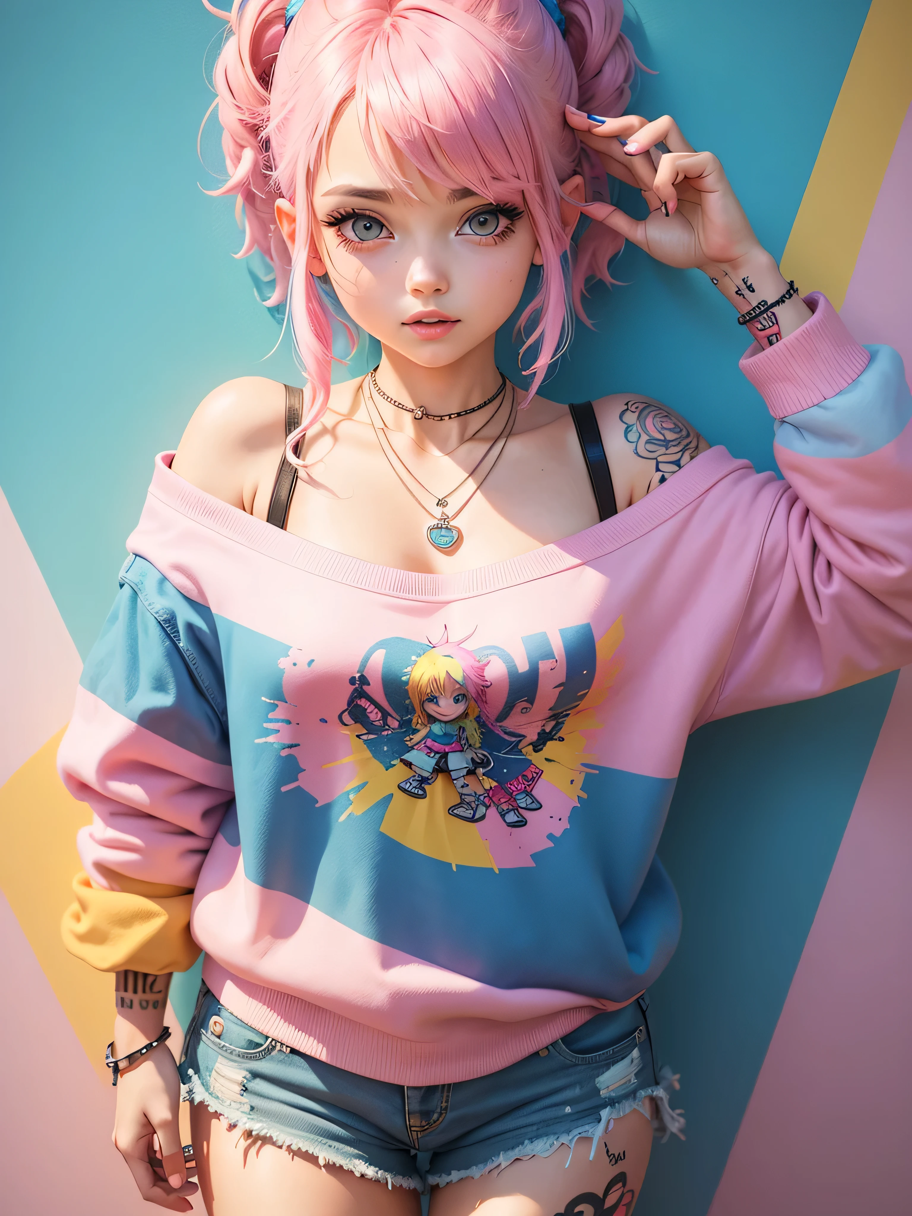 Create a cute and bright cartoon illustration of a girl,Has lots of tattoos, Rainbow Hair, punk necklace, Soft pink off-shoulder sweatshirt, Levi's long pants, Cool pose, Background: A fun room full of paintings. 3D Art, The finer details, Rich colors, Clay texture, Pastel Lighting, Low angle shot, OC Renderer, C4D, Highest quality, 8k
