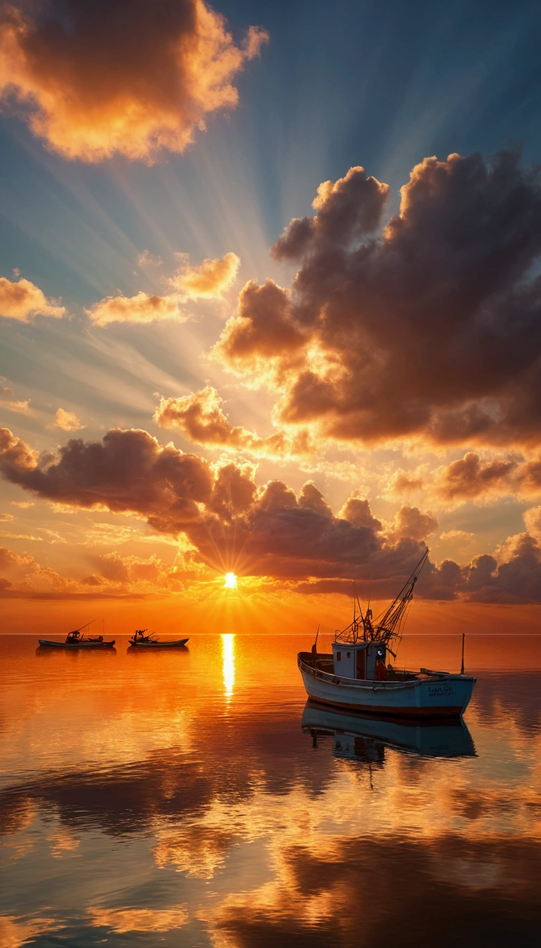 a serene seascape at sunset, warm golden-orange light, sun setting above horizon, long rays through clouds, very far small fishing boats floating on calm waters, reflections on shimmering surface, scattered clouds in sky, tranquil and reflective mood, peaceful end of day at sea, ultra-detailed, 8k, photorealistic, dramatic lighting, cinematic, atmospheric, serene, tranquil, beautiful, glowing, golden hour, soft pastel tones, realistic ocean waves, realistic water reflections, realistic cloud formations, highly detailed, intricate