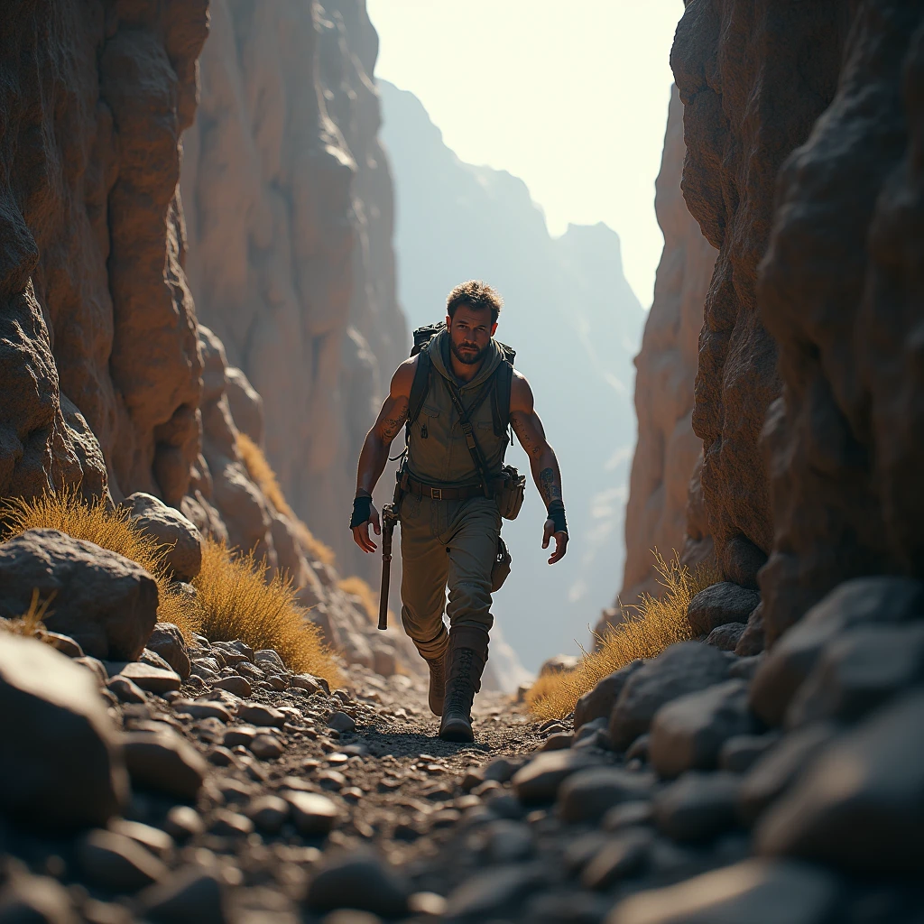 Aron Ralston with one arm and wounded exploring a canyon