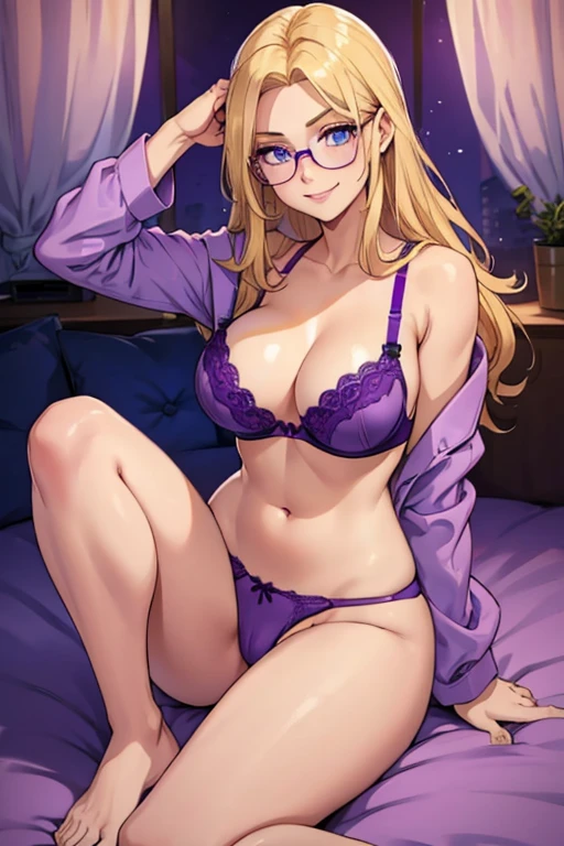 female, blonde long hair, blue eyes, (((1girl))), (((purple bra))), (purple pajama panties), (glasses), cute and sexy, full body, large breasts, large butt, long legs, smiling