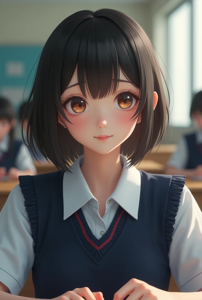 best quality, face focus, soft light, ultra high res, (photorealistic:1.4), RAW photo, 1japanese girl, solo, cute, (shy smile:0.5), (brown eyes, lights in the eyes), detailed beautiful face, (small chest),(high resolution detail of human skin texture), (short bob hair), BREAK, in classroom,navy school uniform, vest, skirt