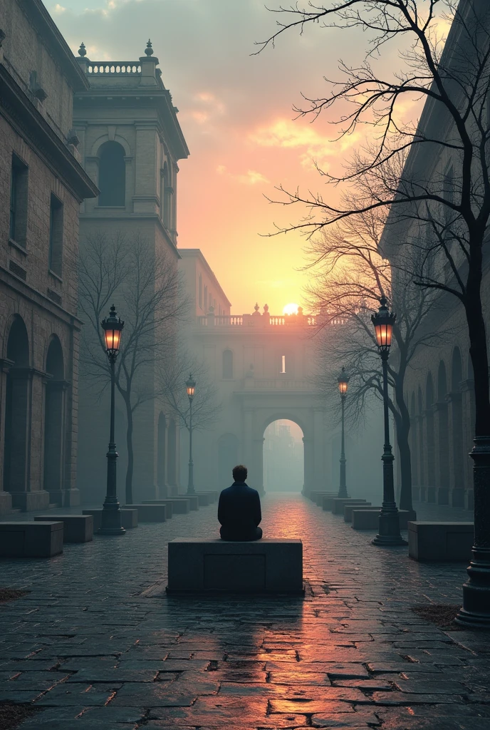 Huge square with stone walls and lamp posts, with several leafless trees and fog with Roman buildings around the square and a lonely man sitting on a bench in the center of the square, only sunrise with colorful sky