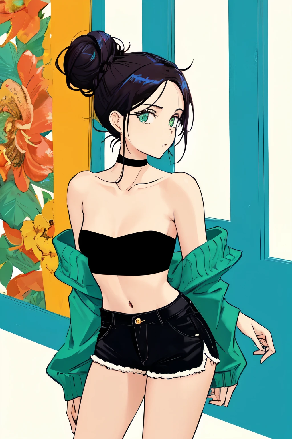 Hot girl with her hair tied up in a messy bun, arched back, two strands of hair down the front, curvy, slim, medium breasts, bold, off shoulder crop top, strapless, lacy black choker, jade hairpin, soft colours, small shorts, anime style