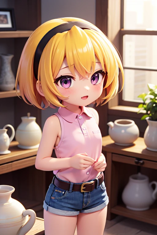 (Pottery), Museum, Antique Exhibition, houjou_Satoko, 1 female, alone, Yellow Hair, blonde, Purple eyes, short hair, hair band, Flat chest, , Collared shirt,Sleeveless shirt,Pink Shirt, White Belt, Denim shorts,,  Chibi Figures, 