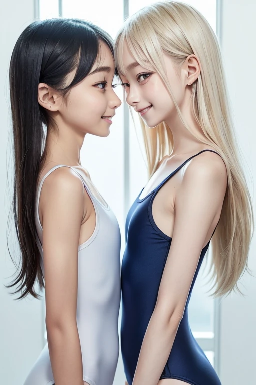 2girls,((from side:1.5)),((((sfw:1.5)))),((sfw:1.5)),((sfw:1.5)),((sfw:1.5)),((Upper Body:1.5)) Korean Asian Teenager Photos、((Beautiful and cute idol girl:1.5))、Platinum Blonde Hair、11yo,Narrow eyes:1.5)、(((Beautiful and cute idol girl:1.3))、silver Blonde Hair、14yo),Thin face、Thin neck、((Slim body)),((skinny):1.5),((Flat chest:1.5)),((clavicle)),((Narrow eyes:1.5))、(Thin arms)、(Thin neck)、(Thin lips)、A small smile、Thin arms、(Dark blue school swimsuit:1.5),smile、Eyes in Love、lookaviewer