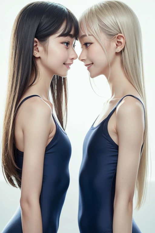 2girls,((from side:1.5)),((((sfw:1.5)))),((sfw:1.5)),((sfw:1.5)),((sfw:1.5)),((Upper Body:1.5)) Korean Asian Teenager Photos、((Beautiful and cute idol girl:1.5))、Platinum Blonde Hair、11yo,Narrow eyes:1.5)、(((Beautiful and cute idol girl:1.3))、silver Blonde Hair、14yo),Thin face、Thin neck、((Slim body)),((skinny):1.5),((Flat chest:1.5)),((clavicle)),((Narrow eyes：1.5))、(Thin arms)、(Thin neck)、（Thin lips）、A small smile、Thin arms、(Dark blue school swimsuit:1.5）,smile、Eyes in Love、lookaviewer