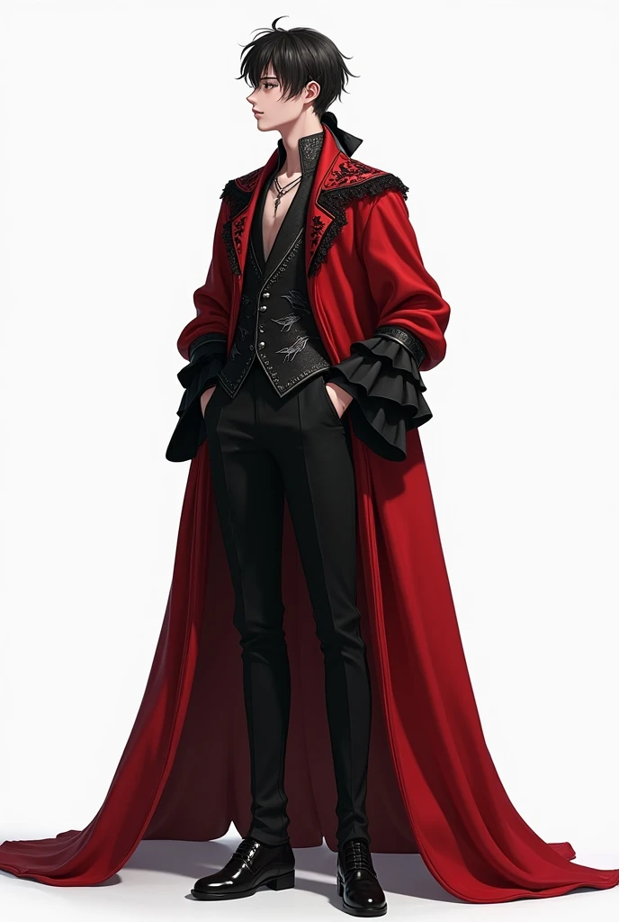 Whole body, Black and red suit of a slim young medieval man, ballet square neck shirt,crow prints,silk fabric, silver jewelry,along with pants with a skirt behind,silver jewelry,ancient ceremonial, delicate, Royals, delicate, Simple, White background, vista Whole body, Silk fabrics with ruffles, lace, zapatos bajos delicates