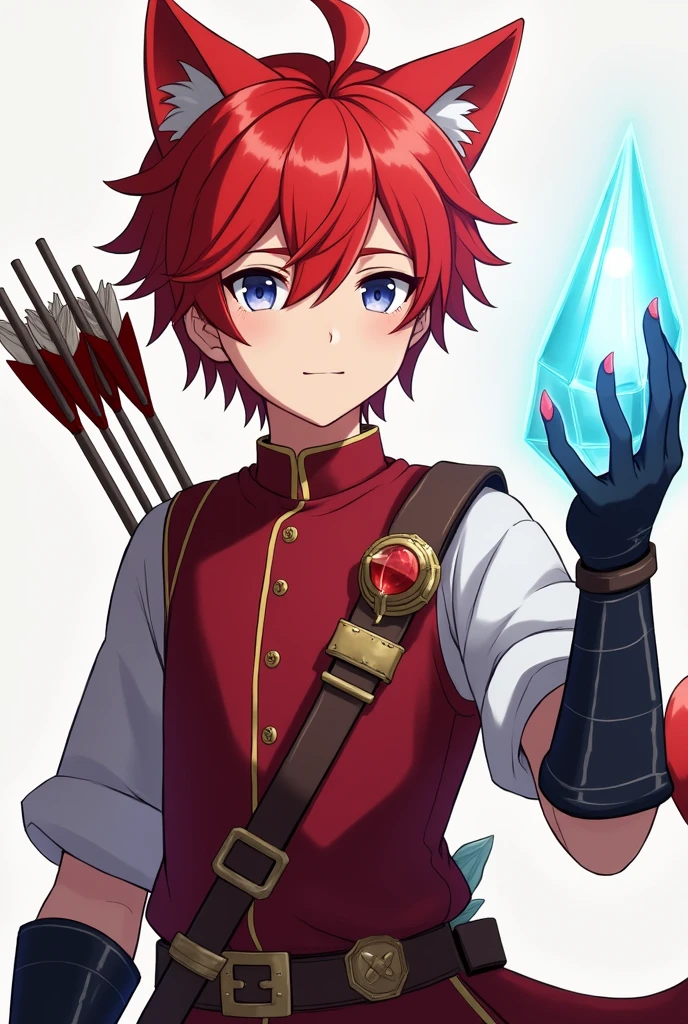 Young guy with red hair, small braid, cat red ears, Cat's Red Tail, Red hair, on his back is a bow and a quiver with arrows, Beautiful face, the right hand is almost completely covered with a pale blue crystal, beautiful body, super detailed, professional quality, anime art, red vest with a high collar, there are metal bracers on the elbows