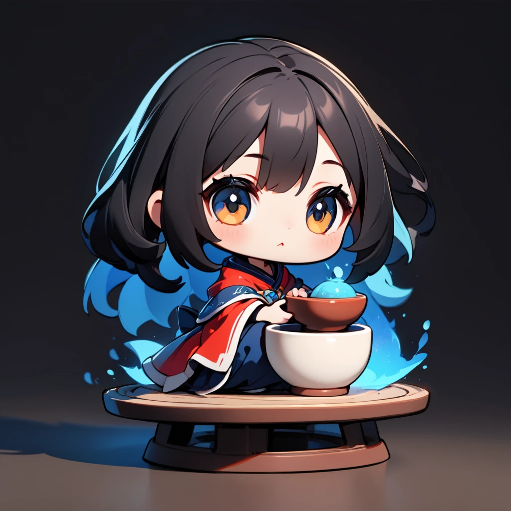 ultra-small deformation, Chibi Cute, 1girl, solo, full body, She is sitting on a large potter's wheel, holding a ceramic bowl, High contrast and vivid color, simple background