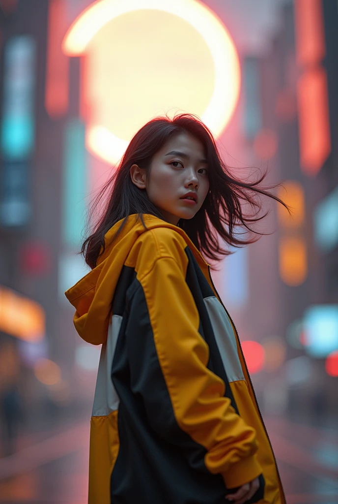 Masterpiece, 4K wallpaper, Masterpiece sci-fi cyberpunk city, fantasy sci-fi, neon glow lights city, ( Subject ( 1girl, A cute japanese women with beautiful hair, wearing an youth stylist oversized hoodie fashion, yellow, black and white stylist fashion, jumper hoodie and short solid cotton trousers, the hoodie stylist masterpiece.))
( Pose (Relaxed, with dance pose, masterpiece. Medium breast.))
( Setting (ultra realistic, sci-fi theme, A mystic environment, cyberpunk city with neon glow lights and a glow light portal.))
( Face ( absolute detail of face masterpiece, detail skin pores masterpiece, oil skinny, beautiful japanese girl, detail of face.))
( Perfect human body, perfect human fingers)
( Lighting (Dramatic side lighting with a warm and cool light masterpiece, absolute face and body lighting teqnique, sunlit glow and light rays, masterpiece object lighting and detail.))
(detail of wearing masterpiece), rahnday style photography, the sense of photography), sea art infinity.
( Style (Hyper-realistic, cinematic, with a focus on detail and texture, octan render 4K quality masterpiece.))
( Technical Specifications (Shot from a medium long shot, below-up perspective, with a Fujifilm XT-4 with Fujinon 50mm lens at f/1.2.))
(((Additional Notes)
( Focus on Key Elements (Emphasize the woman, her clothing, and the dramatic city backdrop.))
( Visual Effects (Include cinematic grains, falling glow particles, and a blurred background with white fog.))