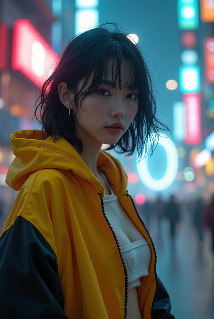 Masterpiece, 4K wallpaper, Masterpiece sci-fi cyberpunk city, fantasy sci-fi, neon glow lights city, ( Subject ( 1girl, A cute japanese women with beautiful hair, wearing an youth stylist oversized hoodie fashion, yellow, black and white stylist fashion, jumper hoodie and short solid cotton trousers, the hoodie stylist masterpiece.))
( Pose (Relaxed, with dance pose, masterpiece. Medium breast.))
( Setting (ultra realistic, sci-fi theme, A mystic environment, cyberpunk city with neon glow lights and a glow light portal.))
( Face ( absolute detail of face masterpiece, detail skin pores masterpiece, oil skinny, beautiful japanese girl, detail of face.))
( Perfect human body, perfect human fingers)
( Lighting (Dramatic side lighting with a warm and cool light masterpiece, absolute face and body lighting teqnique, sunlit glow and light rays, masterpiece object lighting and detail.))
(detail of wearing masterpiece), rahnday style photography, the sense of photography), sea art infinity.
( Style (Hyper-realistic, cinematic, with a focus on detail and texture, octan render 4K quality masterpiece.))
( Technical Specifications (Shot from a medium long shot, below-up perspective, with a Fujifilm XT-4 with Fujinon 50mm lens at f/1.2.))
(((Additional Notes)
( Focus on Key Elements (Emphasize the woman, her clothing, and the dramatic city backdrop.))
( Visual Effects (Include cinematic grains, falling glow particles, and a blurred background with white fog.))