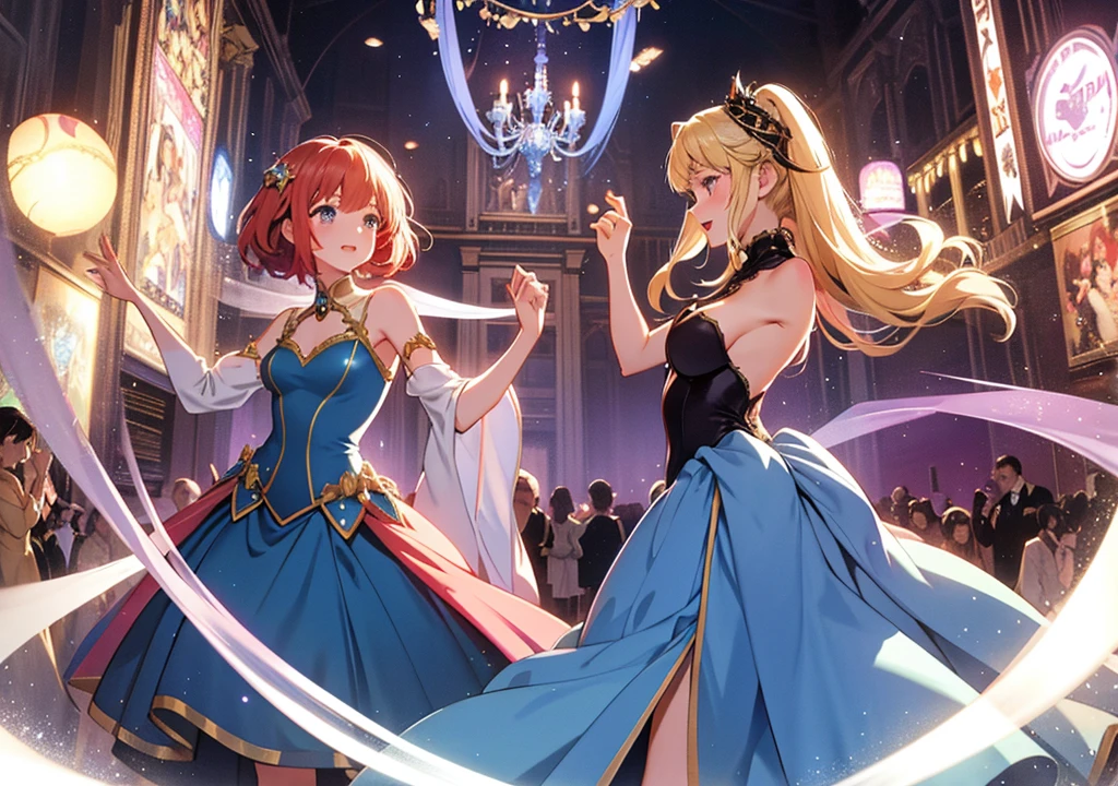 A scene of Disney princess-style characters elegantly dancing and enjoying themselves at a fantasy cabaret ball