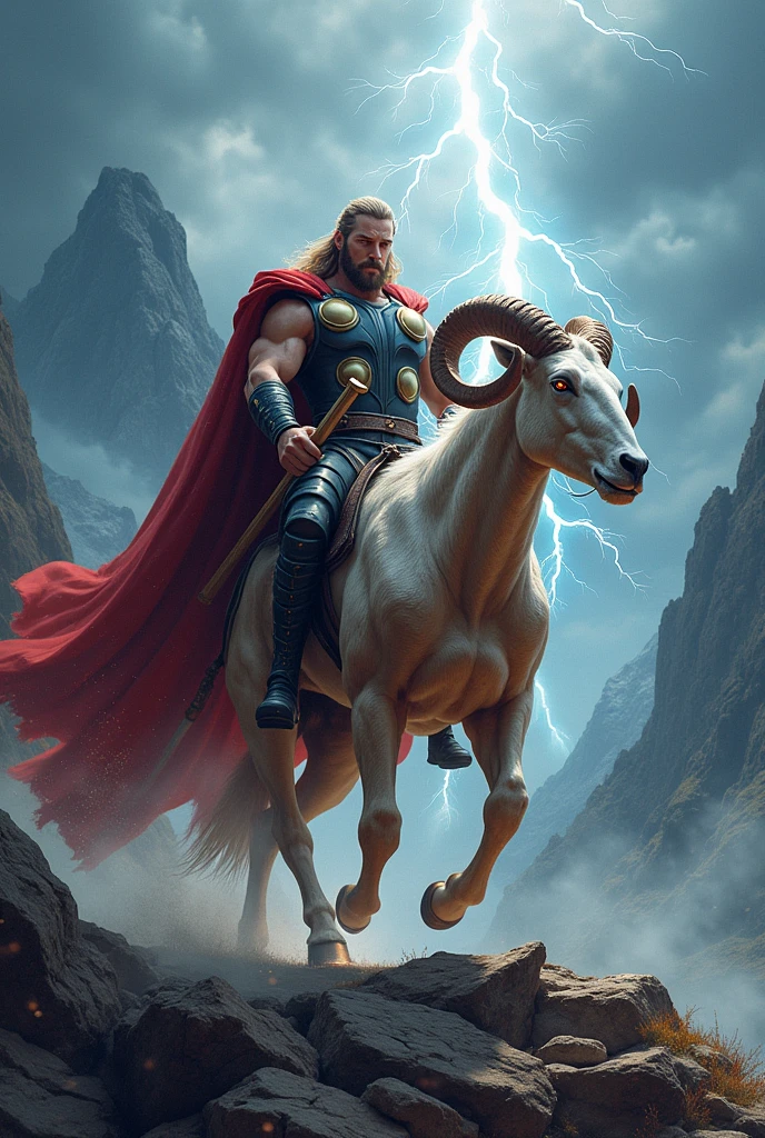 Thor and Thunder Ram: Thor wielding Mjölnir in a stormy, mountainous landscape, with a majestic, lightning-charged ram galloping beside him, embodying the power of thunder.thor riding thunder ram 