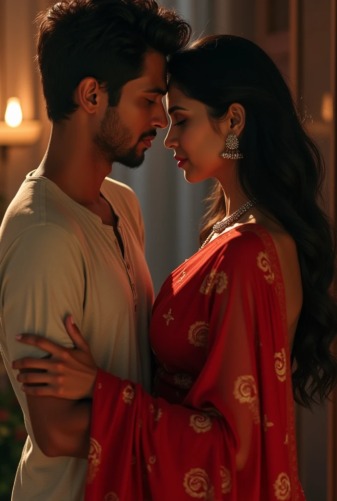 Malayali hot couples kissing girl in red davani boy in t shirt, very realistic