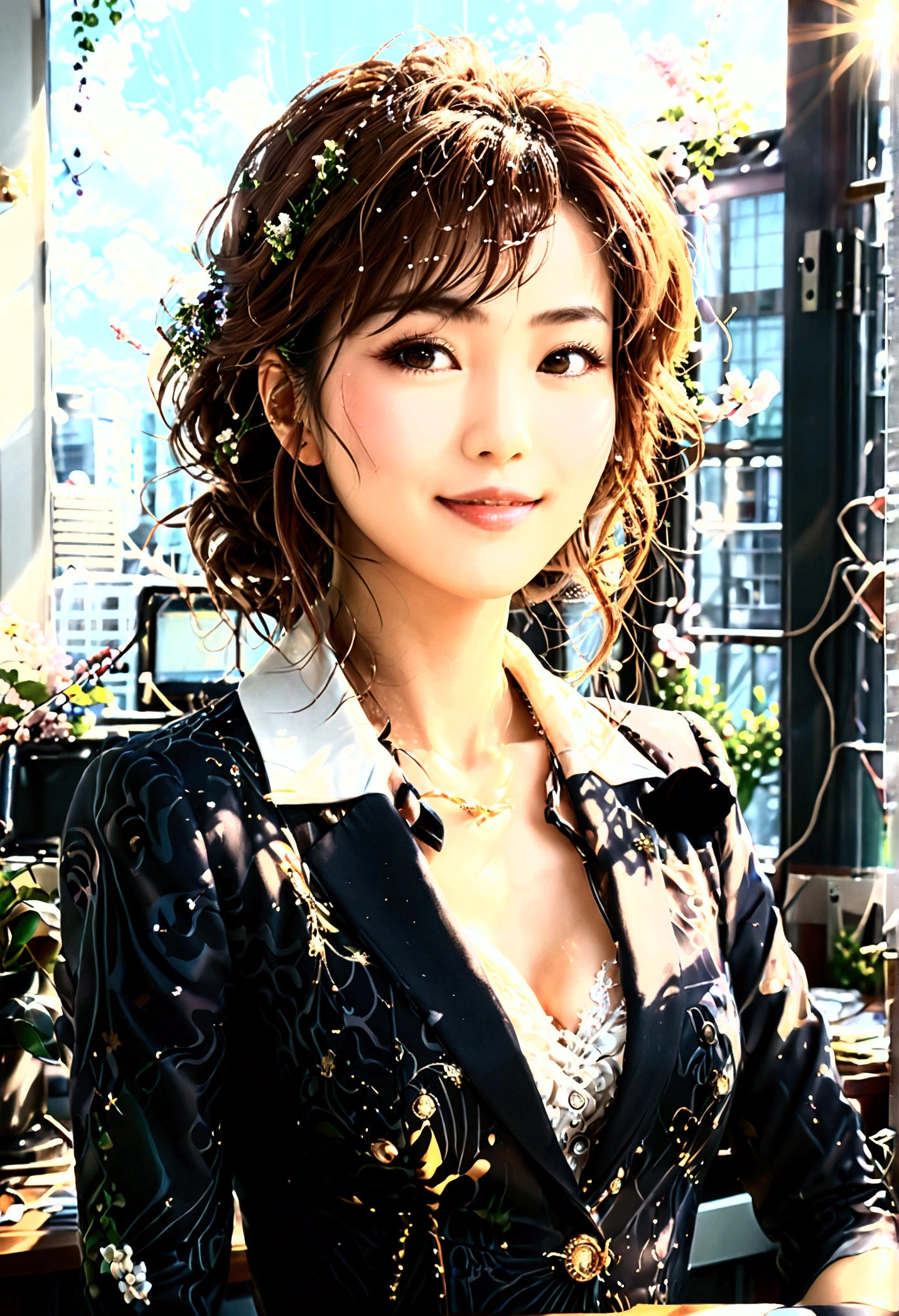 ((最high quality, 8k, masterpiece: 1.3)), (close:0.75), Realistic, Sharp focus, high quality, High resolution, Japanese middle-aged women threesome、３、Idol face、Glamorous Body、Bust is incredibly large at 40 inches ｛Random Business Suits｝, ((Very strong sunlight)), smile, Random hairstyle,Looking at the camera in an office district in midsummer、Full body image、8k images、