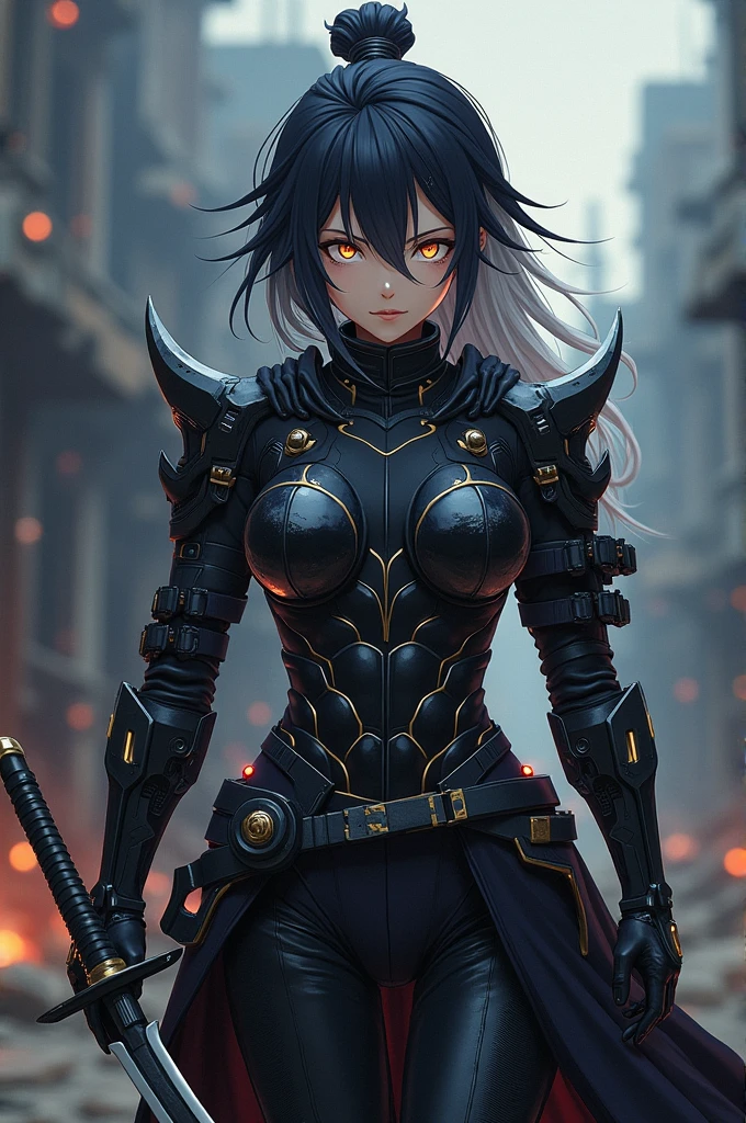 {
  "prompt": "A badass anime character with black hair and a few silver locks. They have a fierce expression, glowing eyes, and a smirk. Dressed in futuristic armor with samurai elements, they wield a sleek katana, standing ready for battle against a dark, post-apocalyptic backdrop."
}