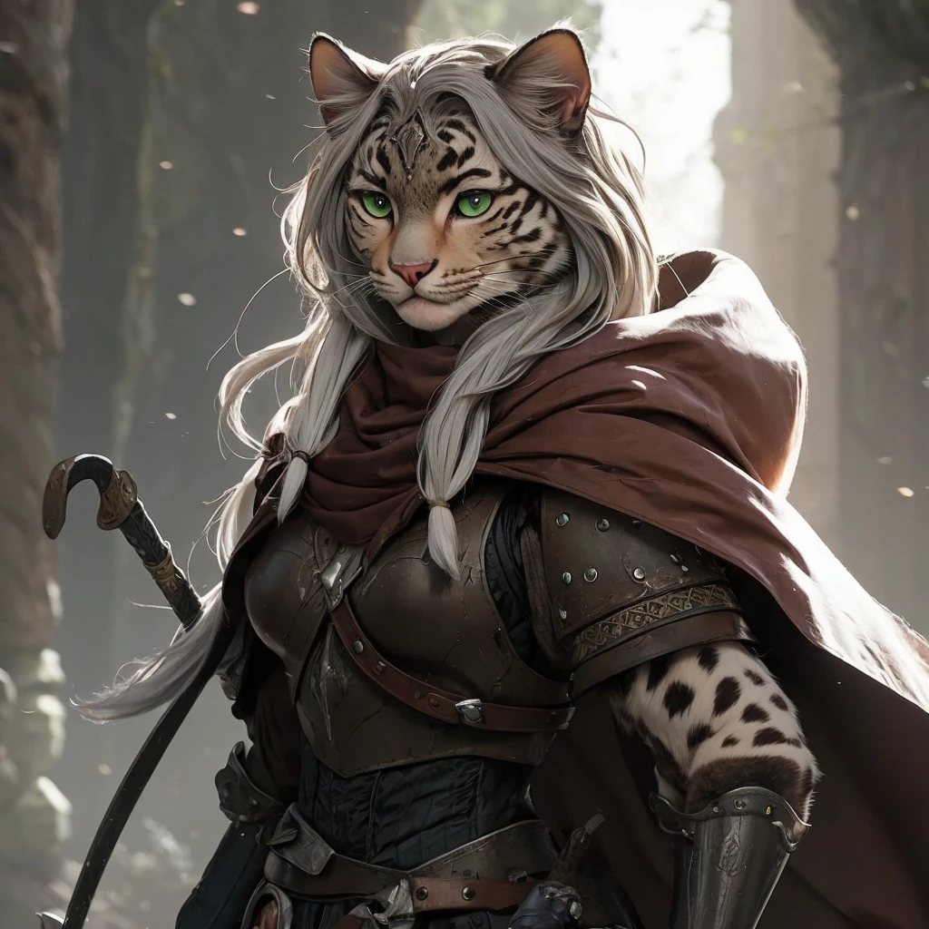 A snouted white-brown she-cat with short gray hair, green-swamp eyes and armor
